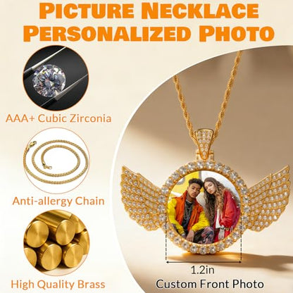 HJX Custom Circle Chain with Wings, Memorial Picture Necklace for Men Womem - color: Gold、Silver