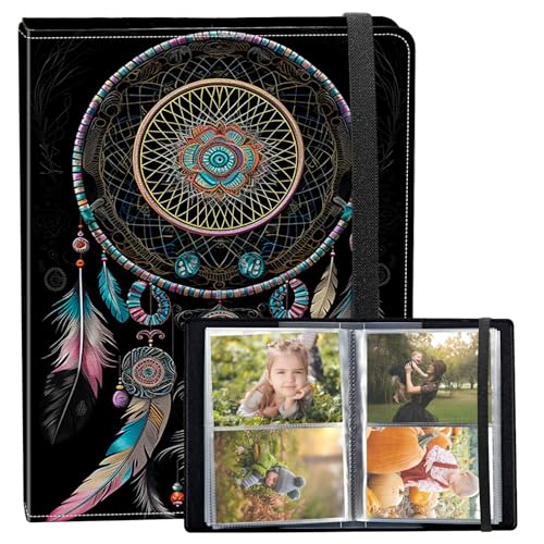 Photo Album 3.5x5 80 Photos Small Capacity PU Leather Cover, Feathers Dreamcatcher Mini Photo Album 3.5x5 with Elastic band, Birthday Christmas Photo Albums Wedding Anniversary - color: Feathers Dreamcatcher, size: 3.5*5 Holds 80 Photos