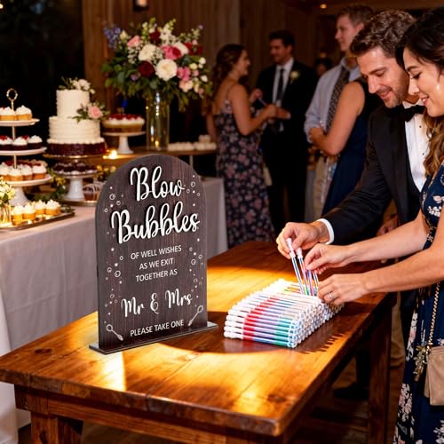 Wood Blow Bubbles Sign Modern Calligraphy for Wedding Ceremony | Modern Calligraphy, Rustic Wooden, Table Top, Wedding Reception and Event Party - color: Brown-Blow Bubbles