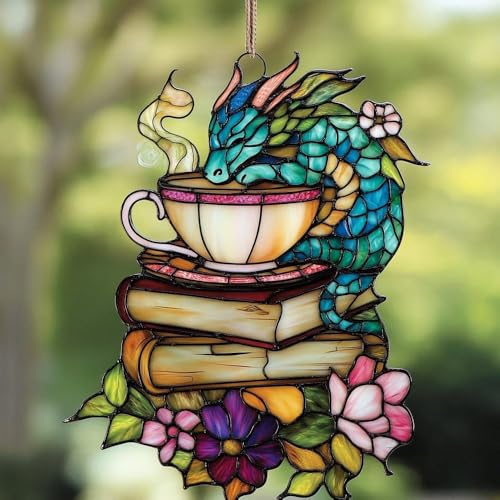 Book Dragon Floral Teacup Acrylic Suncatcher Size 8 inches, Bookish Stained Glass Effect Window Hanging Ornament, Garden Decor, Gift for Book Lover Reader Bookworm - color: Book-dragon-1, size: 8"