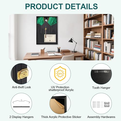 Shadow Box for Graduation Cap and Gown, Wall Display Stand, 2pc | Matte black wood frame, dustproof acrylic panel, lockable wall mount case, displays graduation gown,as commemorative gift - size: Large - Black - 2Pack