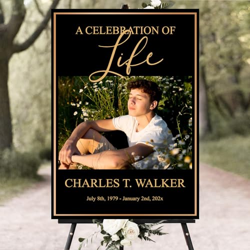 Custom Black Gold Celebration of Life Welcome Sign with Photo for Funeral - color: Sign 17