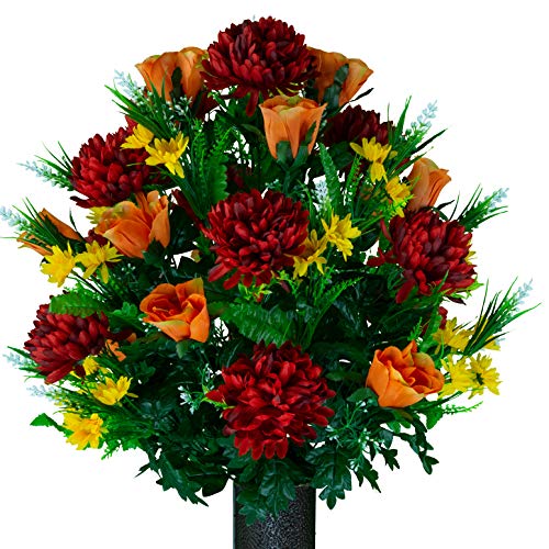 Artificial Cemetery Flowers – Realistic Vibrant Roses, Outdoor Grave Decorations - Non-Bleed Colors, and Easy Fit - 1 Burgundy Mum and Orange Rose Bouquet - color: Burgundy, size: 1 Bouquet