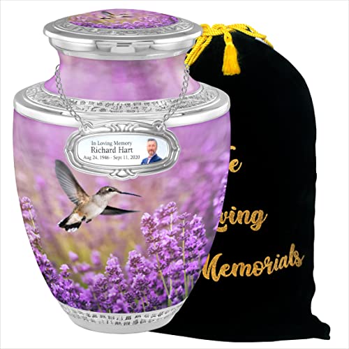 Personalized Medallion Elegant Hummingbird Cremation Urns for Adult Ashes Male Female - Handcrafted Funeral Decorative Urns for Ashes Adult Male with Velvet Bag - color: Elegant Hummingbird Free Personalized Medallion