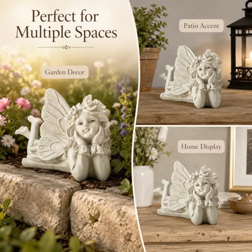 Laying Angel Garden Statue, Resin Fairy Figurine Outdoor Yard Decor | Whimsical Accent For Flower Beds, Patios, Shelves And Garden Lovers - style: Laying Angel Holding Face