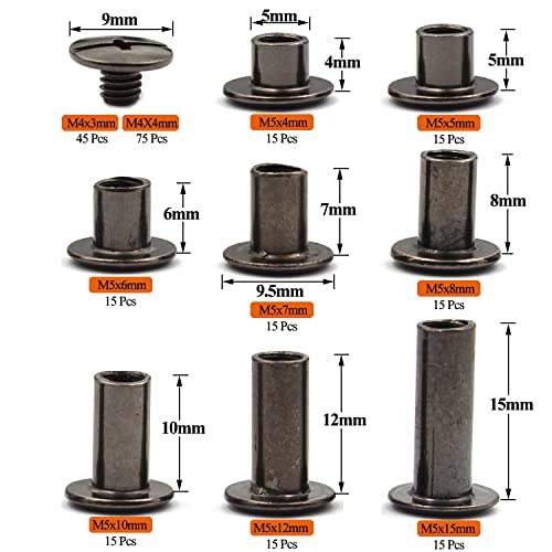 120Pcs Black Chicago Screws Assorted Kit 8Size Gun Metal Leather Rivets 3/16" Screw Rivet Phillip Head Book Binding Posts Nail Rivet Chicago Bolt for DIY Leather Craft (M5x4/5/6/7/8/10/12/15) - size: Gun Metal-4,5,6,7,8,10,12,15