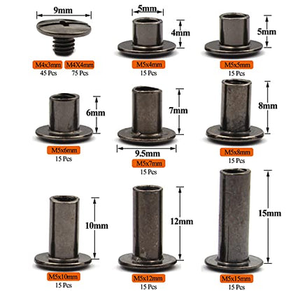 120Pcs Black Chicago Screws Assorted Kit 8Size Gun Metal Leather Rivets 3/16" Screw Rivet Phillip Head Book Binding Posts Nail Rivet Chicago Bolt for DIY Leather Craft (M5x4/5/6/7/8/10/12/15) - size: Gun Metal-4,5,6,7,8,10,12,15