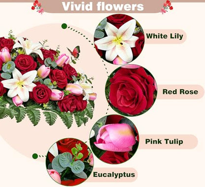 Artificial Cemetery Flowers - Headstone Flower Saddle，Non-Bleed Colors, and Easy Fit - Pink Tulip，White Lily and Red Rose Bouquet