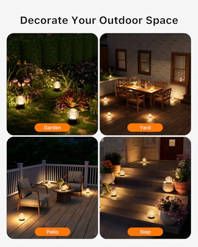 4 Pack 3.94" Warm White Solar Powered Cracked Glass Globe Lights | Waterproof Decorative Table Ball Lamp, for Outside Garden, Patio, Yard, Deck, Pathway, Flower Bed Decoration, Easy to Install - size: 3.94 Inch