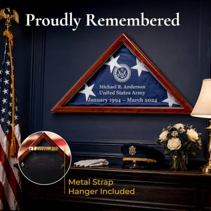 Personalized Flag Display Case for 5' x 9.5' Flag – All Military Branches Available, Veteran Memorial Display Case with Glass Front - size: Mahogany