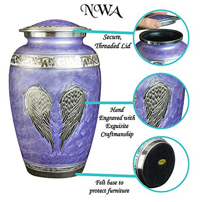 Purple Angel Wings Funeral Cremation Urn with Personalization, Matching Keepsake and Velvet Bag - color: Lilac, size: Large