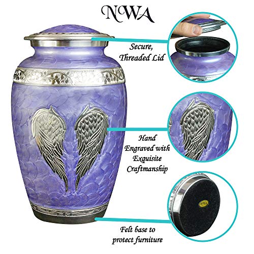 Purple Angel Wings Funeral Cremation Urn with Personalization, Matching Keepsake and Velvet Bag - color: Lilac, size: Large