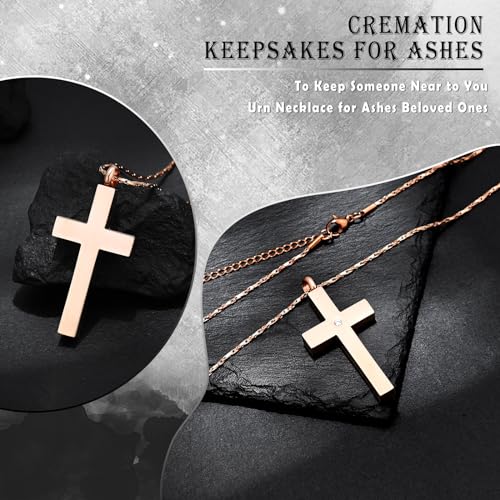 Crystal Cross Necklace for Ashes Stainless Steel Keepsake Cremation Jewelry Religious Cross Memorial Urn Necklace for Pet Human Ashes Gifts - color: Rosegold