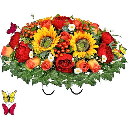 MUVIC Artificial Cemetery Flowers for Outdoor Grave Decorations - Sympathy Headstone Flower Saddle - Realistic Sunflower Rose