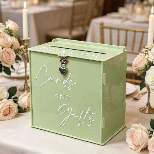 Acrylic Card Box with Lock & Slot, Sage Green Money Gift Card Box for Wedding Reception, Cash Envelope Box Ideal for Graduation Bridal Baby Shower Engagement & Anniversary Party Supplies - color: Sage Green