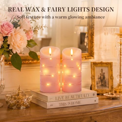 Homemory Flameless Candles with String Lights, 2 Pack Embedded Fairy String Lights LED Candles, Electric Flickering Candles with Remote Control and Timer, Real Wax, Pink - color: Pink, 2Pack
