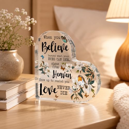 Smile Memorial Acrylic Tabletop Plaque, Heart Shaped Heaven Signs Love Never Dies Themed Decorative Sign with Magnolia Bird Butterfly Elements for Home Decor and Sympathy Gift - style: Memorial