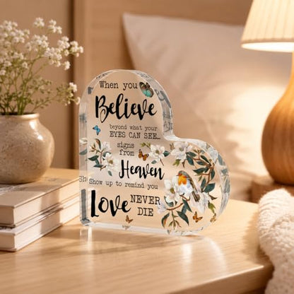 Smile Memorial Acrylic Tabletop Plaque, Heart Shaped Heaven Signs Love Never Dies Themed Decorative Sign with Magnolia Bird Butterfly Elements for Home Decor and Sympathy Gift - style: Memorial
