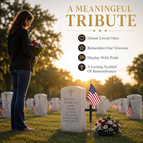16 Inch Cross American Veteran Grave Marker, American Flag Holder | Metal Black Cross with Ground Stake, American Flag Hole Ready, Patriotic Graveside Tribute, 4th of July Memorial Display - style: Cross