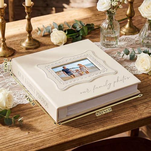 Dunzoom Our Family Photo Album 200 Pcs 4x6 Inch Leather Wedding Anniversary Album with Front Window Double Heart Design Couple Gifts - style: Our Family Photos