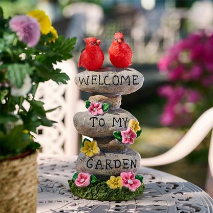 TERESA'S COLLECTIONS Cardinal Garden Decor with Outdoor Solar Lights 11" | LED light Garden Statues, Welcome Yard Sign Rocks & Flower Resin Valentines Decorations, Gifts for Mom Yard Decor