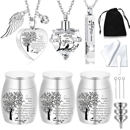 Cremation Urn Necklace for Ashes Set of 6- Small Cremation Urns for Human/Pet Ashes Keepsake Sharing Urns Memorial Ashes Holder-A Limb has Fallen from The Family Tree (6Pcs-Silver) - color: 6pcs-silver