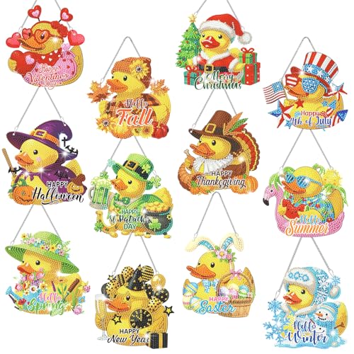 Cinnvoice Seasonal Diamond Art Hanging Kit,12 Pcs,Duck | Holiday Yellow Duckie Diamond Art Ornaments, Month Diamond Hanging Sign, Crystal Suncatcher, for Door Window Wall Decor - style: Duck