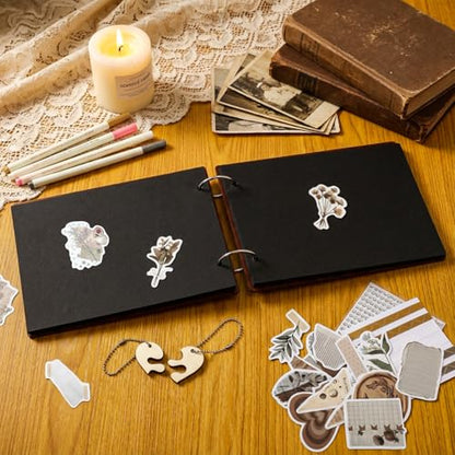 Kosiz Our First Year Anniversary Scrapbook Wooden Photo Album 8.7x6.3 DIY | Black Pages with Stickers and Pens, Wooden Cover, Couples Memory Book, Wedding Gift, Anniversary Journaling Album Kit