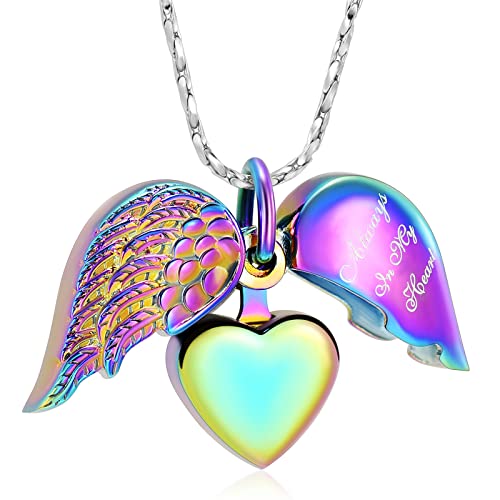 Imrsanl Cremation Jewelry for Ashes Heart Urn Necklace Pendants Ashes for Women Men Family Keepsake Memorial Angel Wing with Charm Heart for Loved Ones - color: Colorful