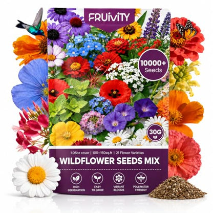 Wildflower Seeds Bulk 10000+, 1.06oz Butterfly Hummingbird Mix, 21 Variety Perennial Annual Mix, Heirloom Flower Seeds for Planting Outdoor Indoor, High Germination Rate Garden Seeds