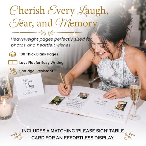Wedding Guest Book, 100 Blank Pages, 9×7" Gold Foil Hardcover - color: Cream