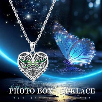 Heart Photo Locket Necklace Sterling Silver for Women | Dragonfly, Butterfly, Turtle, Dog Paw and Mother Daughter Styles, Jewelry Gifts for Mom Christmas Birthday Anniversary. - style: 1-Dragonfly-Green