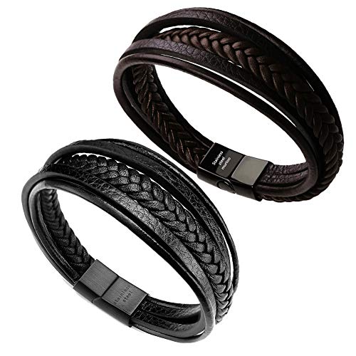 Mens Leather Bracelet with Clasp Cowhide Multi-Layer Braided Leather Mens Bracelet - style: 2pcs Couple leather style&7.5