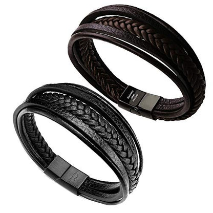 Mens Leather Bracelet with Clasp Cowhide Multi-Layer Braided Leather Mens Bracelet - style: 2pcs Couple leather style&7.5