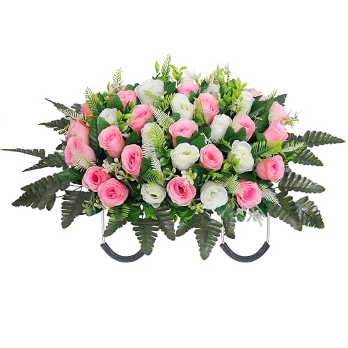 Artificial Cemetery Flower Saddles Cemetery Flowers for Grave Memorial Grave Flowers with Vases for Cemetery Decoration - color: Pink
