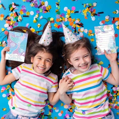 Watercolor Mermaid Birthday Invitations Girl Party Invites with Envelopes - color: Pink Mermaids