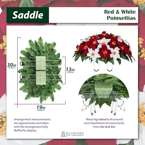 Artificial Cemetery Flowers - Gravesite Memorial Arrangment - Red & White Poinsettia - (1) Saddle (2) Bouquets - color: Red & White, size: (1) Saddle (2) Bouquets