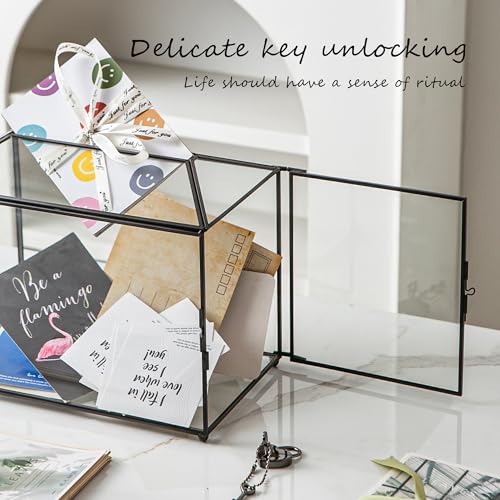 Wedding Glass Card Box with Slot and Lock, 10.2 x 6 x 8 Inch, Small Black Geometric Cards Holder for Birthdays Party Reception, Wishing Well - Slot Length 6.3'' (Glass Box Only) - color: C-Small Black Card Box 10.2''