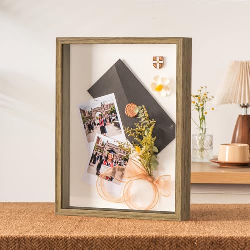 12x16 Large Shadow Box Frame with Thickened Acrylic Panel & Pins | With Push Pins, Deep 1.7" Brown Shadow Box Display Case – Display on Tabletop or Wall for Jersey, T-shirt, Keepsake, Wedding - color: Brown+high Definition Panel + Shatter-proof Packaging,