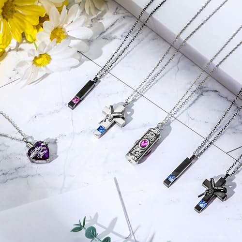 Henoyso 12 Pcs Urn Necklace for Ashes Bulk Cremation Cross Heart Cubic Jewelry Stainless Steel Memorial Locket for Men Women - color: Blue, Pink Purple