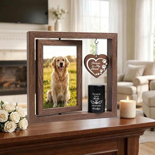 Memorial Gifts for Loss of Pet - Memorial Picture Frame and Small Urn Set - color: Rustic Brown