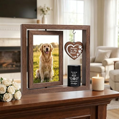 Memorial Gifts for Loss of Pet - Memorial Picture Frame and Small Urn Set - color: Rustic Brown