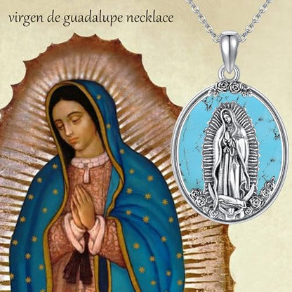 YAFEINI Virgen De Guadalupe Necklace 925 Sterling Silver Mother Mary Necklace Virgencita Jewelry Thanksgiving Day Gifts for Women - style: Turquoise