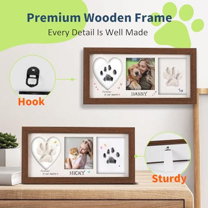 Pet Paw Print Frame Kit with Inkless Pad & Air-Dry Clay, Wooden Memorial Keepsake with Shatterproof Plexiglass for Dogs & Cats - color: brown