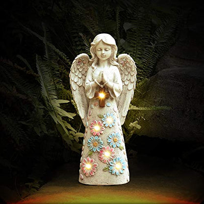 Voveexy Angel Garden Statue Outdoor Figurine, Solar Powered Garden Sculpture with 6 LEDs Resin Praying Angel Decor for Patio Lawn Yard Porch Decoration Christmas Birthday Housewarming Present 13.2” H