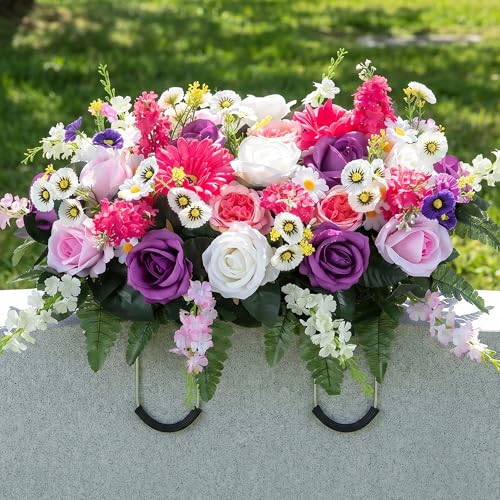 Saddle Cemetery Flowers for Grave Decorations, Headstone Flowers | Pink Purple, Faux Silk Daisy Rose, Memorial Grave Flowers for Outdoor Gravesite Decorations, for Spring, Easter, Mothers Day - color: Purple & Pink