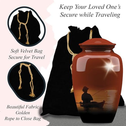 Forever URNS Adult Cremation Funeral Urn with Printed Fishing Man Theme for Human Ashes of Female & Male | 200 cu in | Large | Multicolor | Completely Handcrafted with Velvet Protection Bag