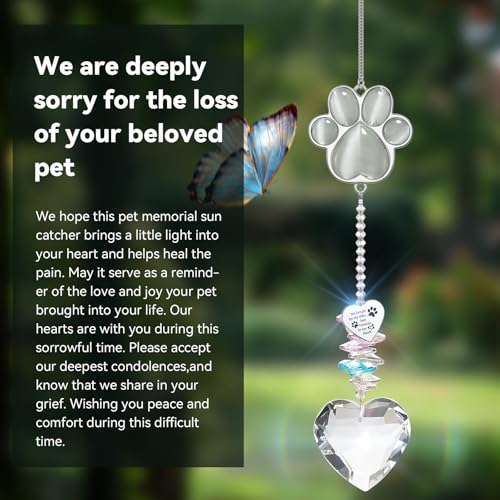 Dog Memorial Gifts, Pet Memorial Suncatcher, Loss of Dog Sympathy Gift | Thoughtful Dogs and Cats Bereavement Remembrance Gifts, Natural Cat's Eye Stone Paw Crystal Suncatcher - color: Silver Gray