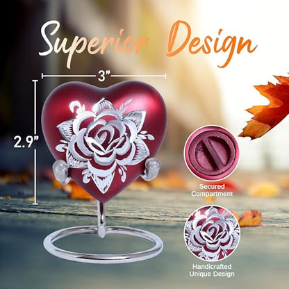 Rose Heart Keepsake Urn for Human Ashes Floral Mini Memorial Urn with Stand & Velvet Gift Box (Red) - color: Red