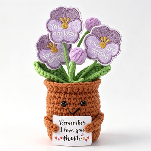 Crochet Flower Pot with Embroidered Petals - Cute Remember I Love You Mom Gifts for Mother's Day Birthday - Mini Handmade Flower Pansy Pot Doll Gift for Moms, Mother, Mama, Grandma - color: Mom